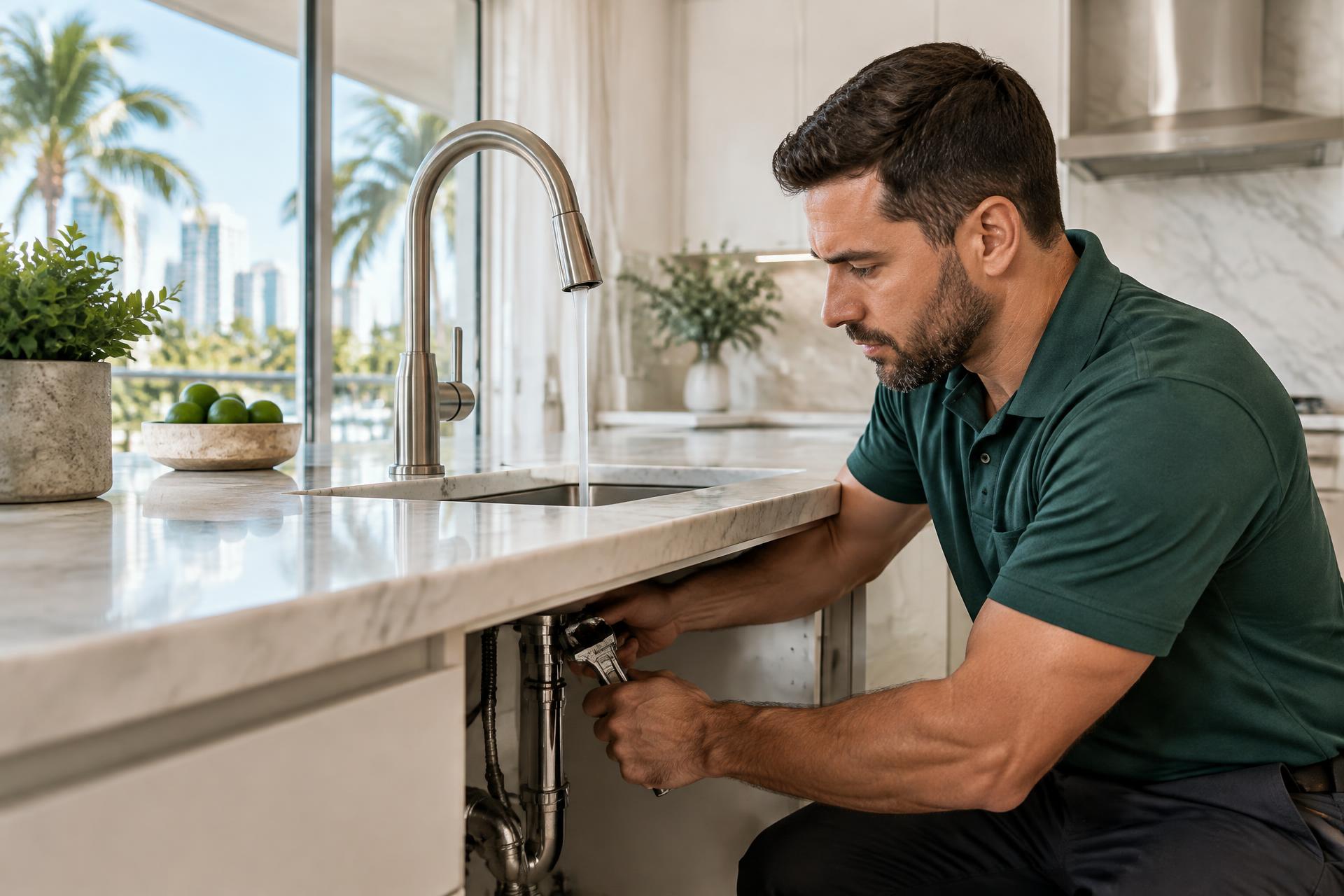 Plumber repairing kitchen sink pipes in a bright Florida home